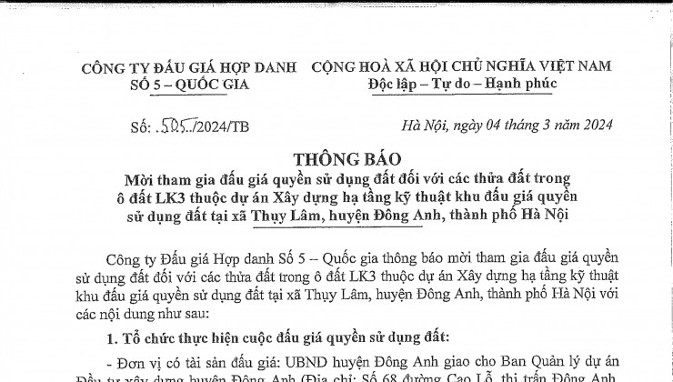 ✅ Thông báo đấu giá Thụy Lâm Đông Anh đợt 4 - 24/03/2024 - Dãy LK3 đất đấu giá Thụy Lâm